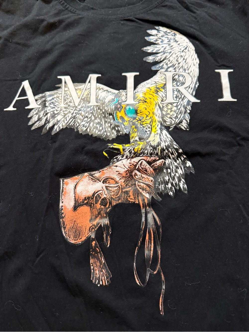 AMIRI Black Tee with Multicolor Bird and Brown Glove Graphic